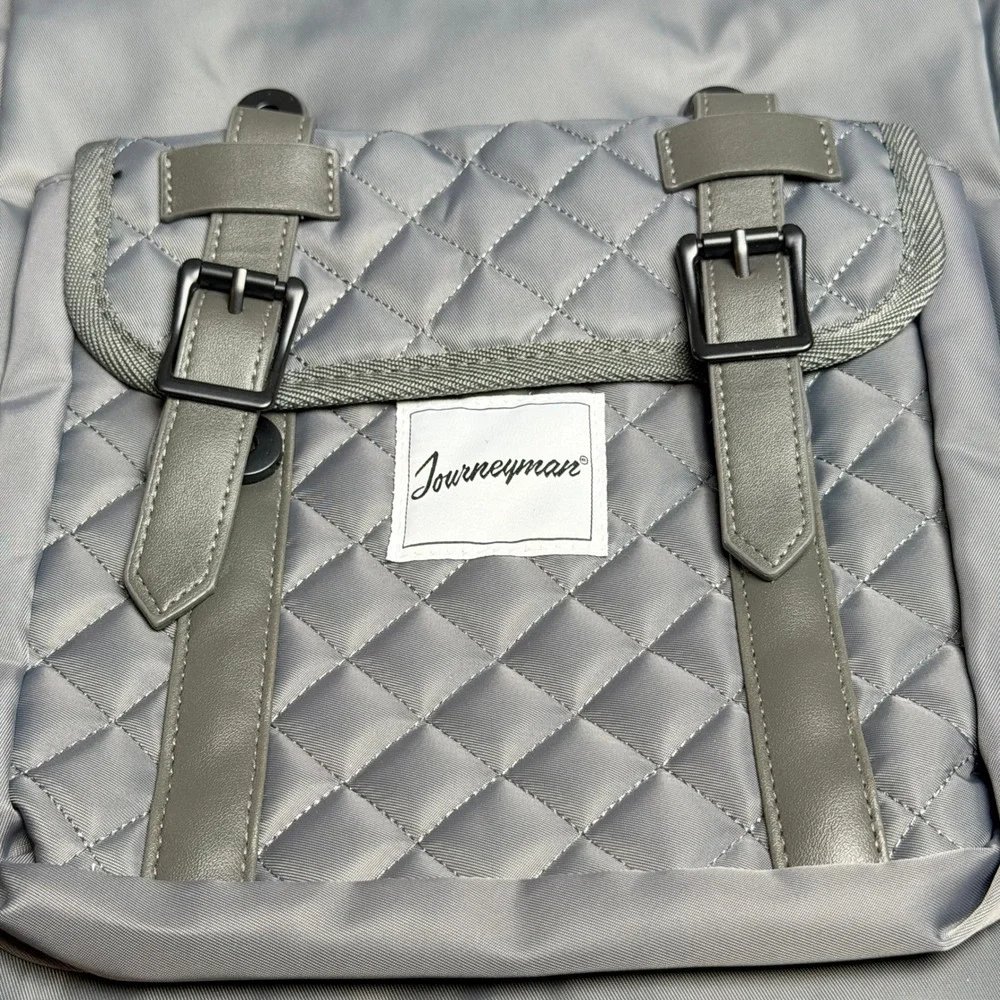 Journeyman Gray Quilted Nylon Drawstring Backpack Magnetic Buckle Straps Travel